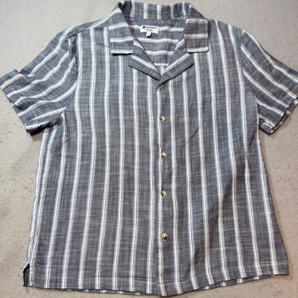 Sperry Button Down Shirt Mens Large Navy Blue Striped Short Sleeve Camp Collar L